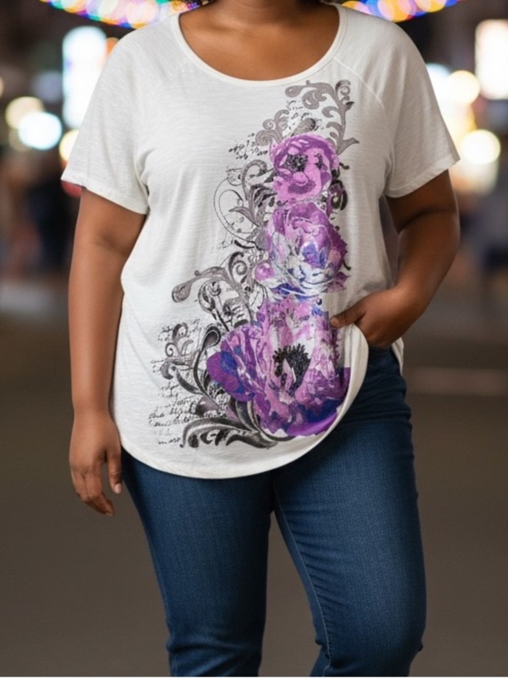 White Stag White Scoop Neck Tee with Purple Floral Graphic
